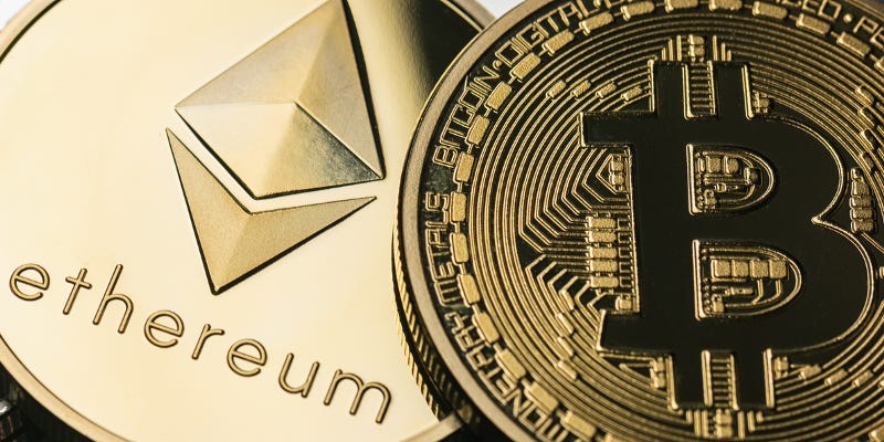 Gold-plated Bitcoin and Ethereum coins