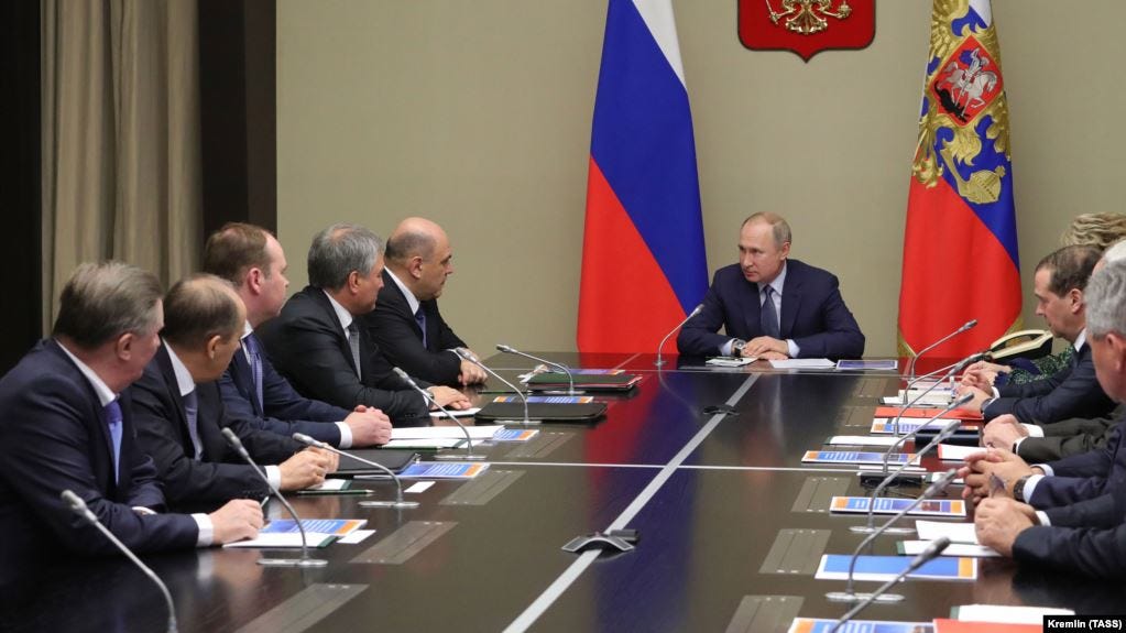 President Vladimir Putin chairs a meeting with members of Russia's Security Council at the Novo-Ogaryovo state residence outside Moscow on January 20.