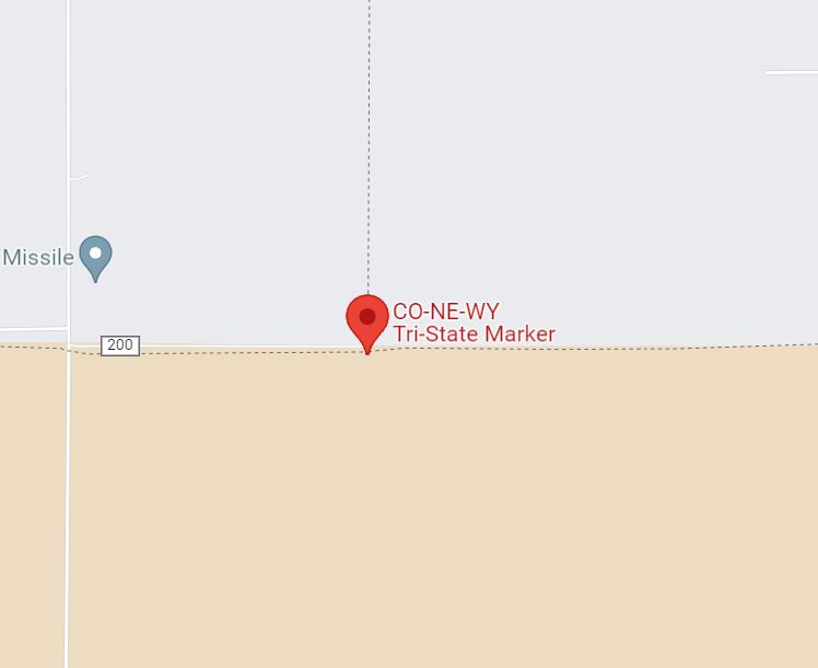 The Colorado-Wyoming-Nebraska tripoint on Google Maps. It's on land.