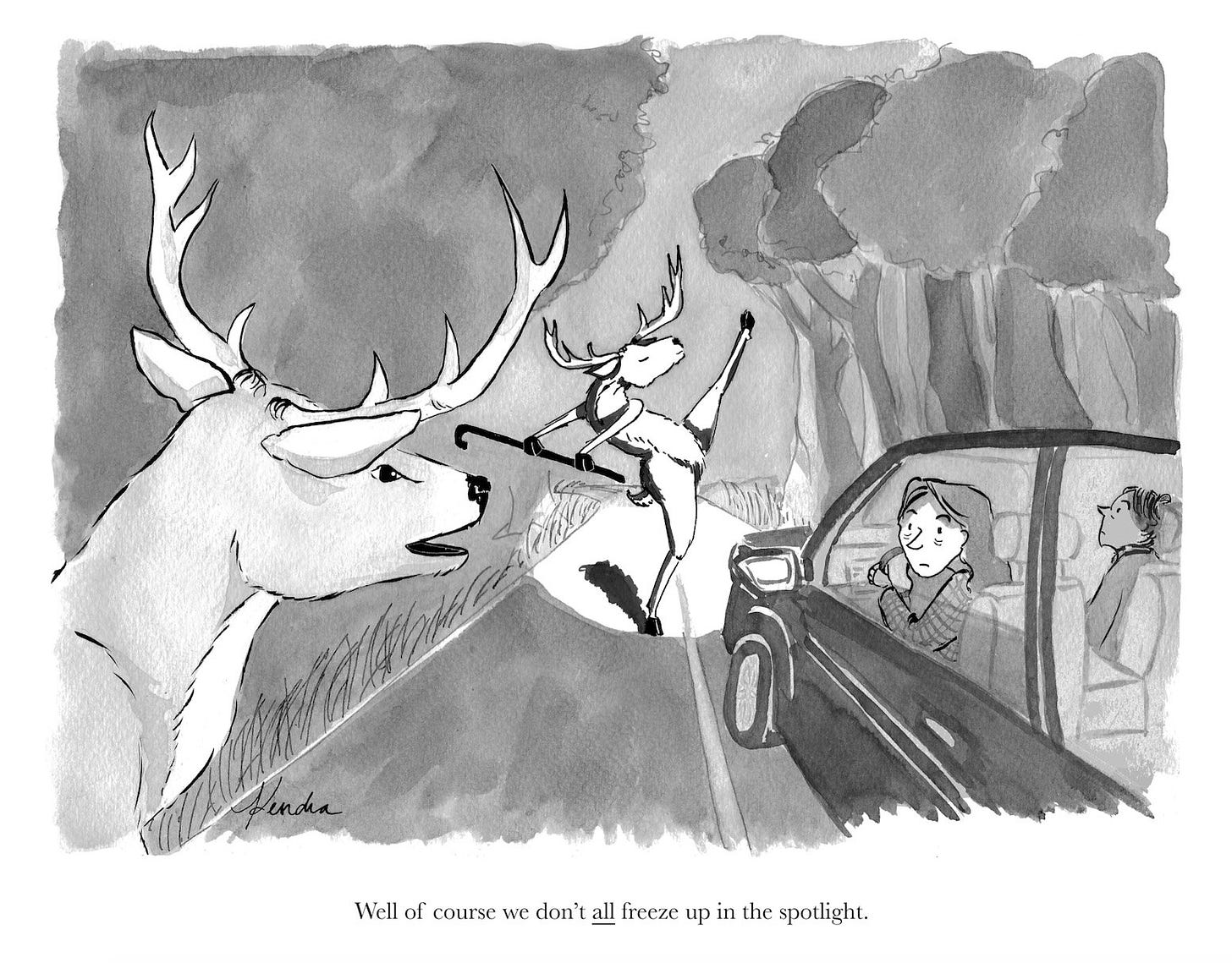 New Yorker Cartoon deer dancing in car headlights.jpeg