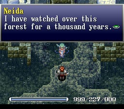 A screenshot of Nieda telling Adol she has "watched over this forest for a thousand years"