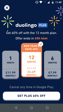 screenshot showing three subscription options for Duolingo plus. One of them is highlighted and is different from the other two