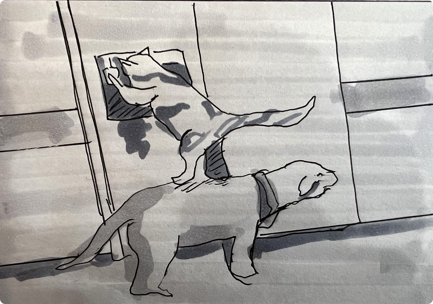 Drawing of meme photo of a cat standing on top of a dog to get water from the fridge