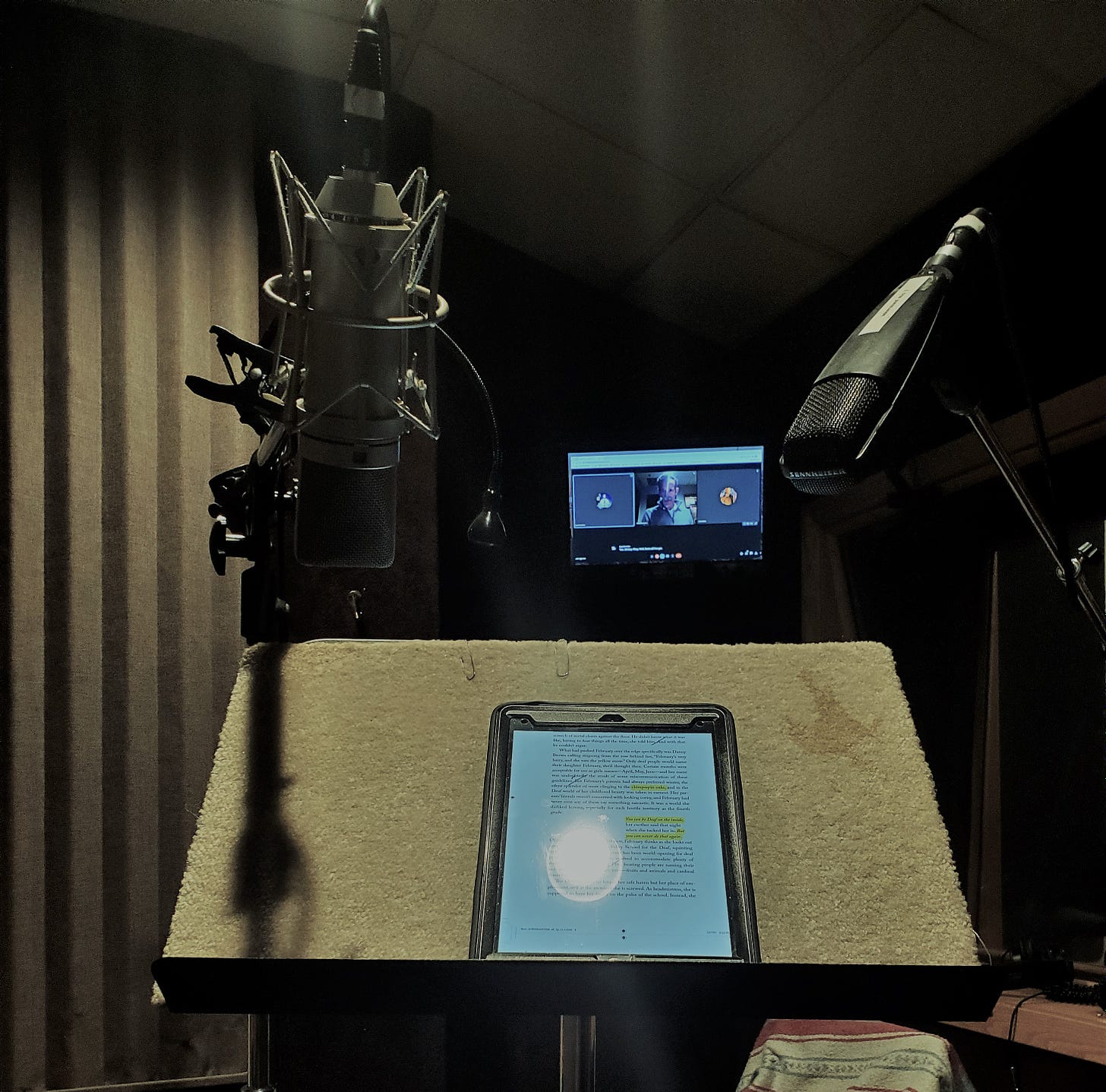 Two heavy-duty microphones hang over top of a music stand coated in fabric. True Biz on an iPad is on the stand. In the background there’s a screen with Google Meet, and to the right there’s a window looking into the larger studio.