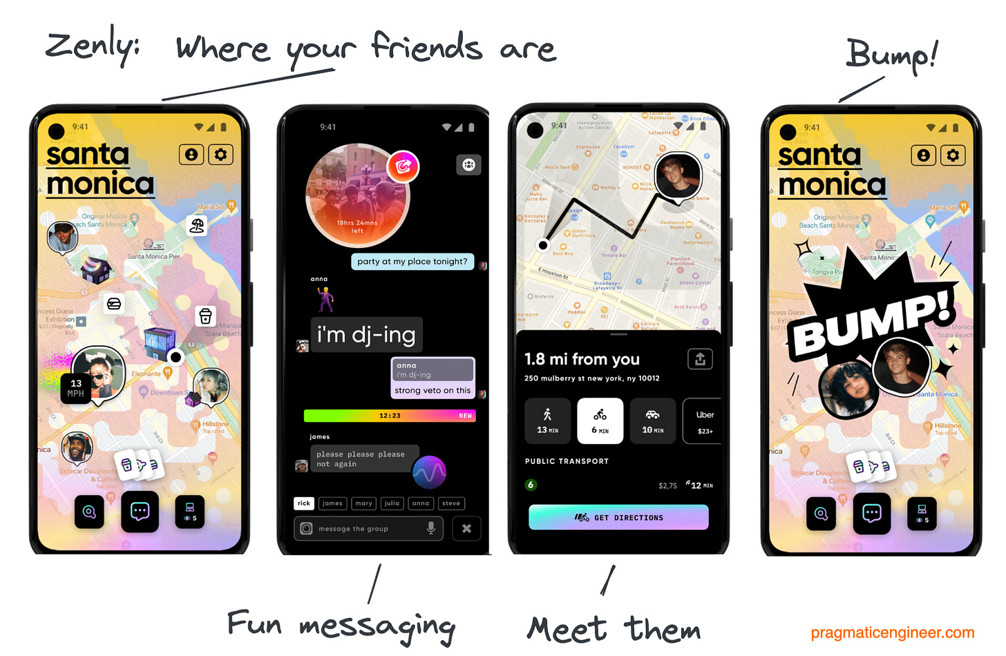 The Zenly app and a few of its features. Zenly became the leader in location-based social networking in many countries. Image sources: Zenly
