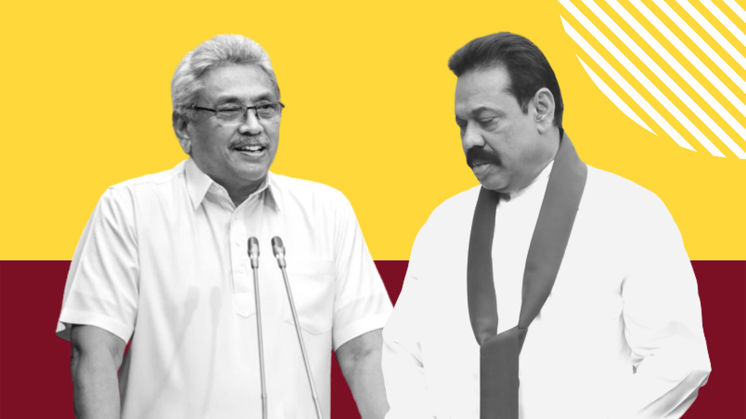 Sri Lankan President Gotabaya Rajapaksa (left) and Prime Minister Mahinda Rajapaksa (Original images: Twitter/@GotabayaR and Rajith Vidanaarachchi, CC BY-SA 2.0, via Wikimedia Commons; images modified for collage)