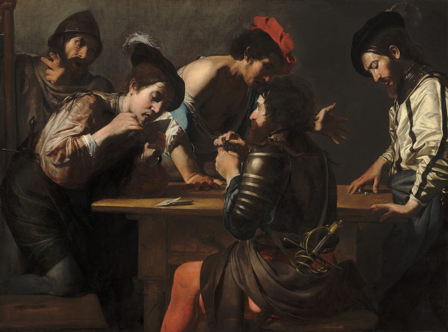Soldiers Playing Cards and Dice (The Cheats), c. 1618/1620 by Valentin de Boulogne