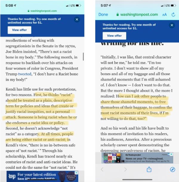 You see, I’m not the only one highlighting great articles on race, education, and culture! Here’s loyal reader Marni, marking up last week’s “You Can’t Be Neutral: The Antiracist Revelations of Historian Ibram X. Kendi.” If you find yourself highlighting and annotating, please feel free to send me a screenshot.