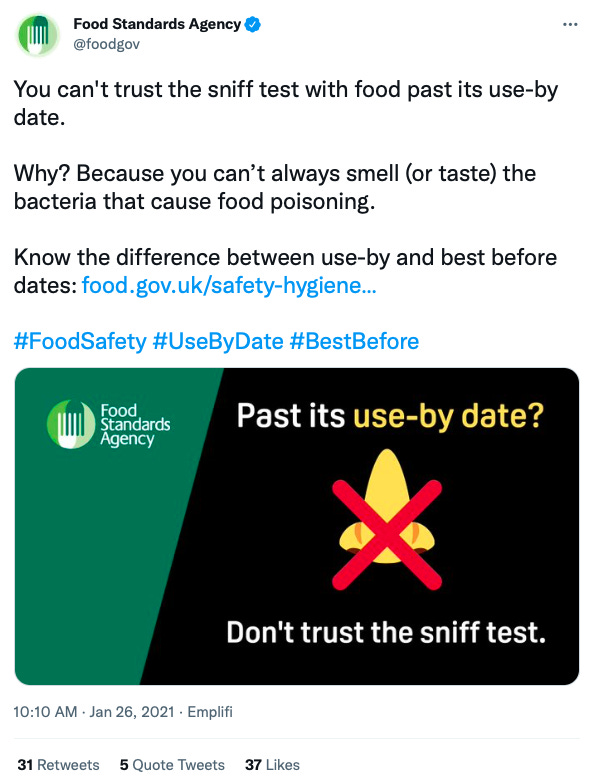 A screenshot from Twitter from the Food Standards Agency. It says 