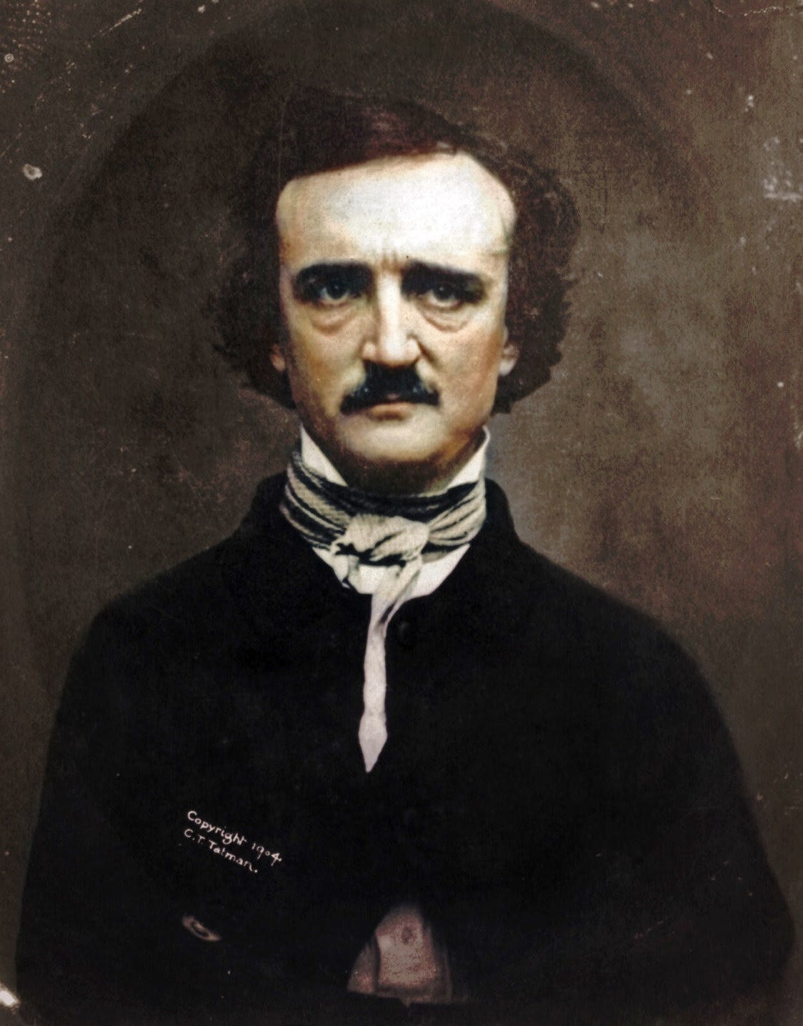 A colourised photograph of the author Edgar Allan Poe.