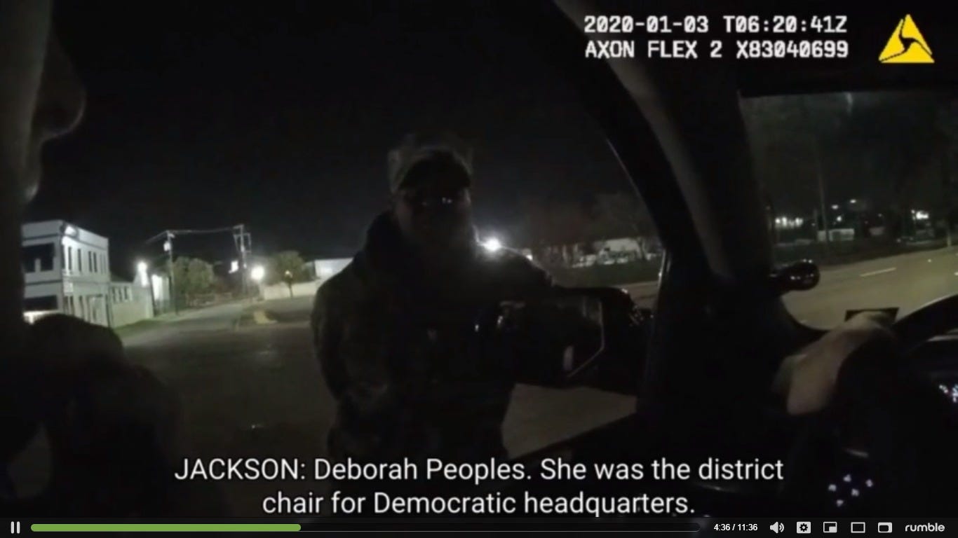 May be an image of 1 person and text that says '2020-01-03 T06:20:412 AXON FLEX 2 X83040699 JACKSON: Deborah Peoples. She was the district chair for Democratic headquarters. 4:36/11:36 rumble'