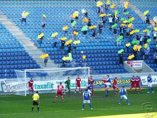 Football Away Days on Twitter: "FC Magdeburg hadn't scored in 5 games, so  their fans decided to hold up arrows and point to the goal the whole game.  http://t.co/xIsw1LFVo9" / Twitter
