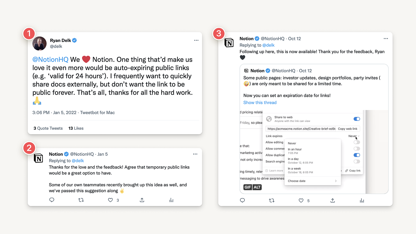 Screenshots that show an example of how Notion sees product feedback on social, logs it, responds, then follows up when it has been addressed.