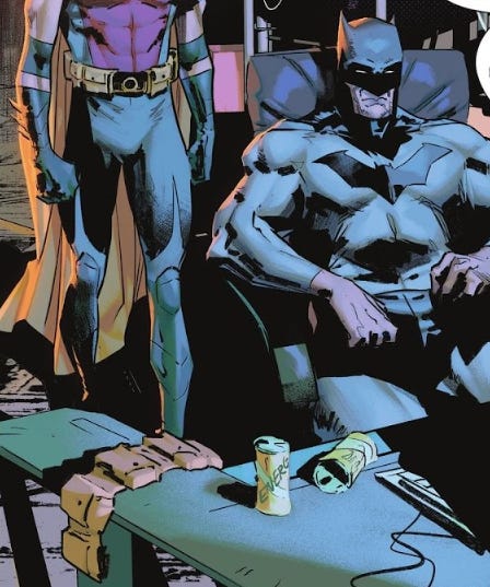 Screengrab of Batman #125. Batman lounges at a desk where there are two crushed energy drink cans.