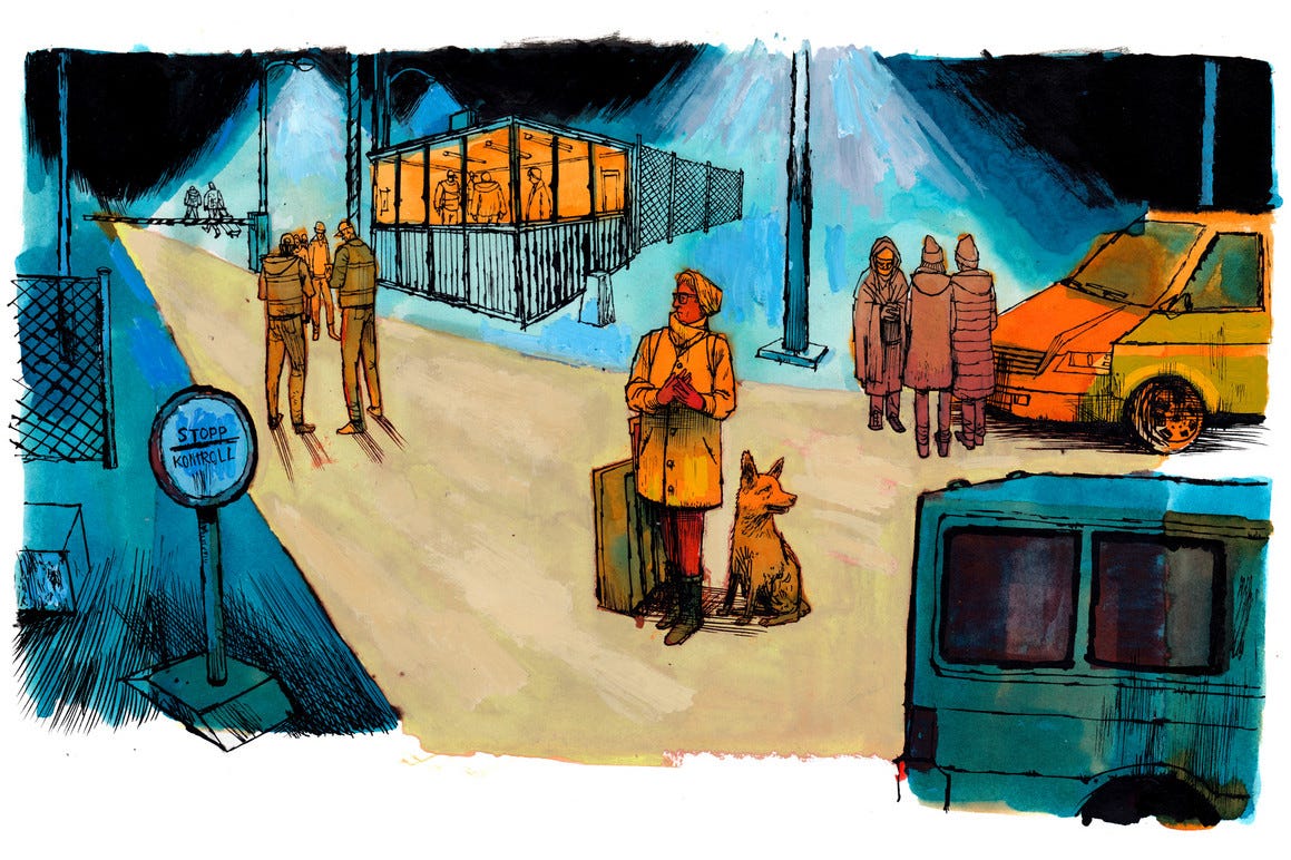 An illustration of a woman, dog, and suitcase in the street