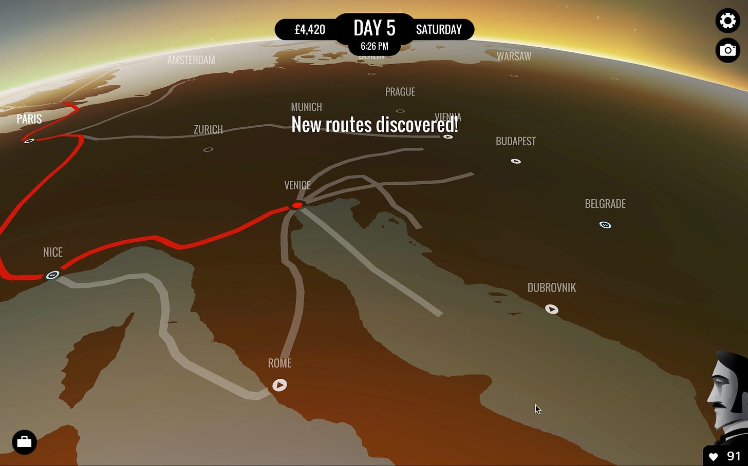 Screenshot from 80 Days, showing the text "New routes discovered!" over a map of the region near Italy.