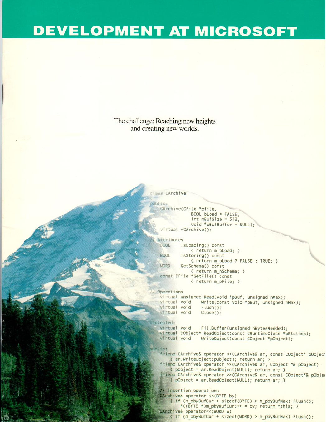 Microsoft recruiting brochure 1991/1992 showing Mr Ranier. The left side of the mountain is a photo of the mountain. The right side is code from AFX showing some of the C++ coding conventions we created.