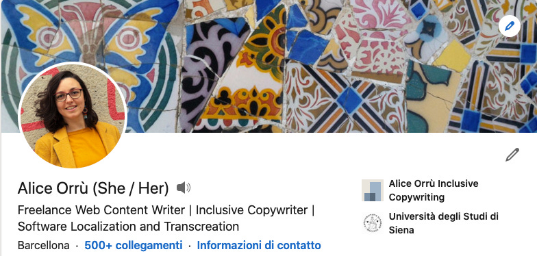 La bio di Alice Orrù su LinkedIn, a fianco al nome e cognome compaiono i pronomi she/her.