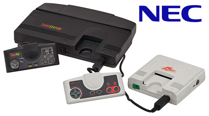 An image showing the much larger, black Turbografx-16 console for North America, next to its much smaller, whiter counterpart, the PC Engine