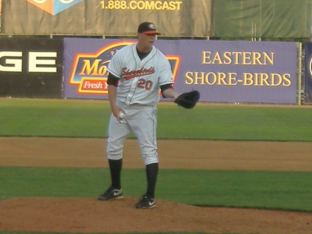 This photo comes from Brandon Cooney's last bad outing - June 19 against Hagerstown. Since then he's been all but unhittable and racked up 4 of his team-leading 14 saves.