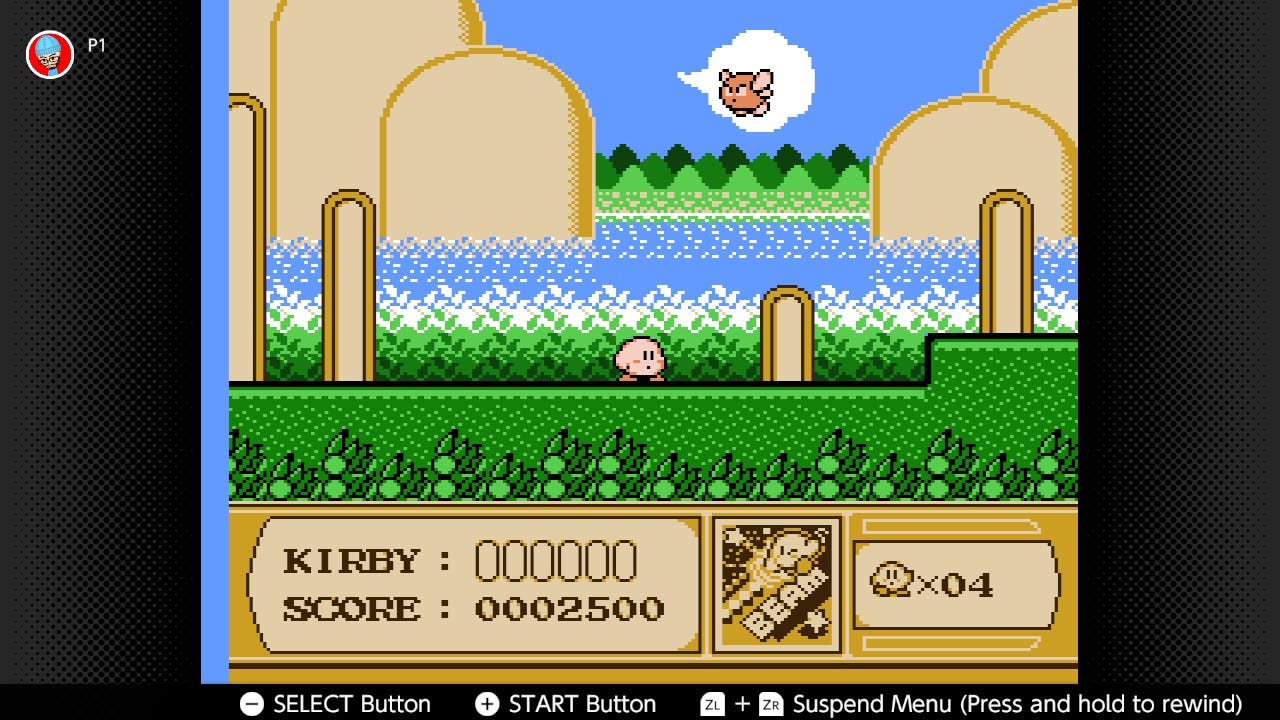 A screenshot from Nintendo Switch Online's version of Kirby's Adventure, which emulates the original NES game.