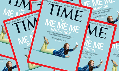 capa da revista time com uma moça deitada de bruços, segurando um celular para tirar uma selfie, e a chamada "the me me me generation"