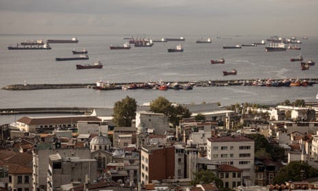 Ships, including those carrying grain from Ukraine, are seen anchored off the Istanbul coast.