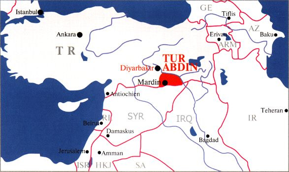 Map of Tur Abdin region in broader part of the world