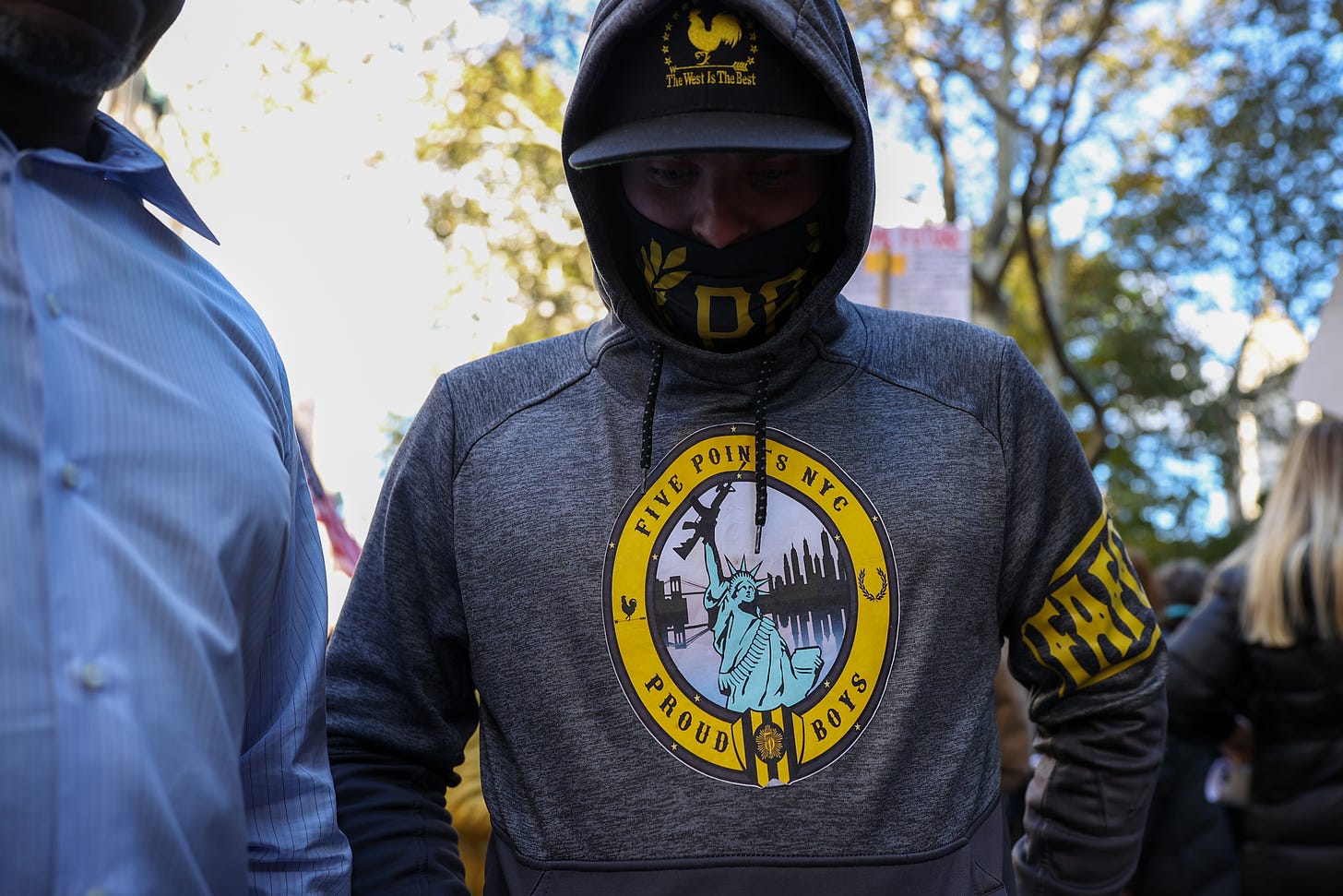 Proud Boys are seen as hundreds gather at the City Hall Park during the “Freedom Rally” in New York City on November 3, 2021. Photo by Tayfun Coskun/Anadolu Agency via Getty Images).