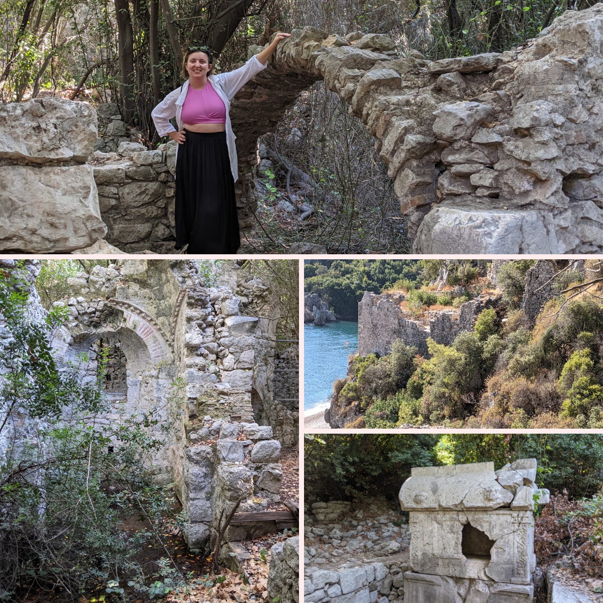 Four images of Olympos ruins: Iulia standing before an arch (top), elaborage patterns within broken walls (left), crumbled walls overlooking the sea (top-right), and an old tomb (bottom-right).