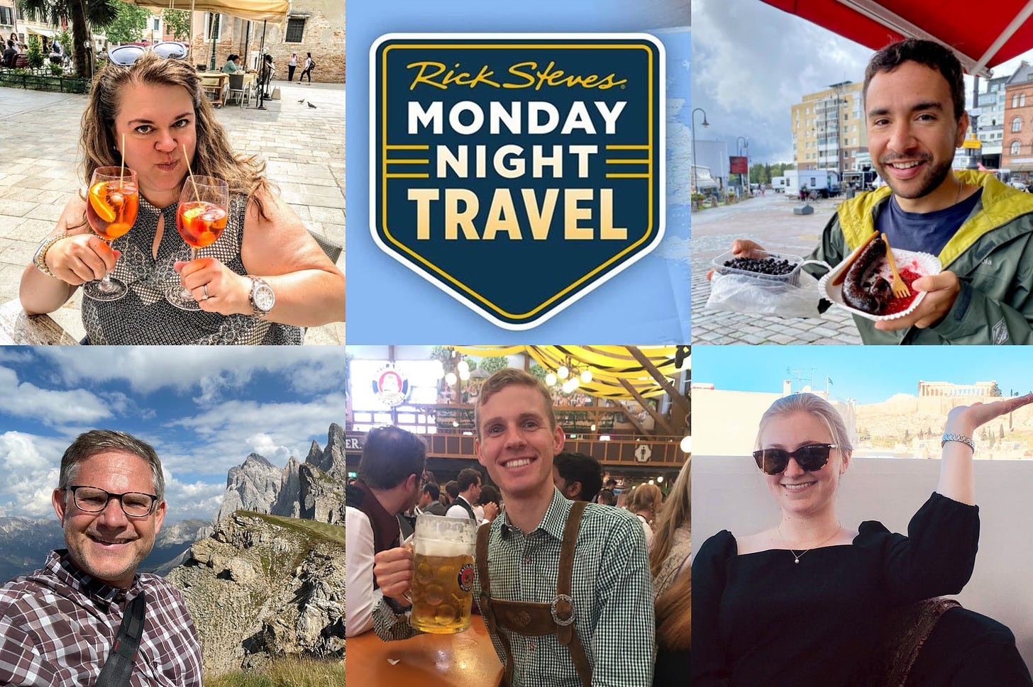 A photo collage of Cameron Hewitt and the Monday Night Travel dream team: Lisa Friend with two glasses of Aperol Spritz, Ben Green with street food in Finland, Cameron Hewitt in the Dolomites, Gabe Gunnink at Oktoberfest in Munich, and Julianne Wurden in front of the  Acropolis in Athens.