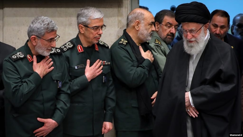 Iran's Supreme Leader Ali Khamenei and top IRGC commanders: Esmaeil Qaani, Mohammad Bagheri, and Hossein Salami. FILE PHOTO