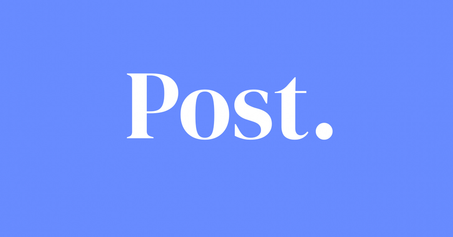 A periwinkle blue graphic baring the logo for the platform Post in the middle.