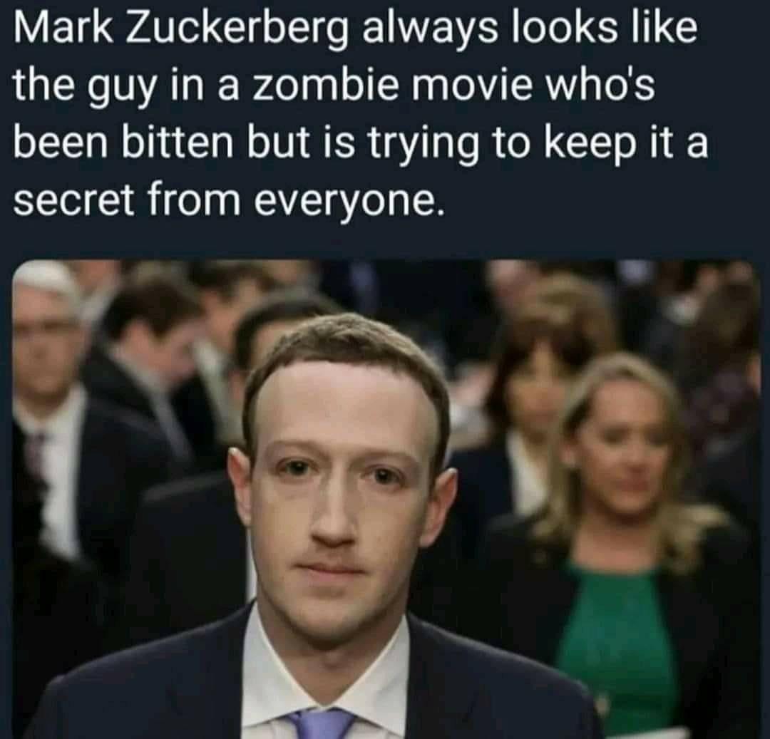 May be an image of 3 people and text that says 'Mark Zuckerberg always looks like the guy in a zombie movie who's been bitten bitten but IS trying to keep it a secret from everyone.'