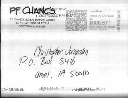 Scan of an envelope from PF Changs for a future newsletter