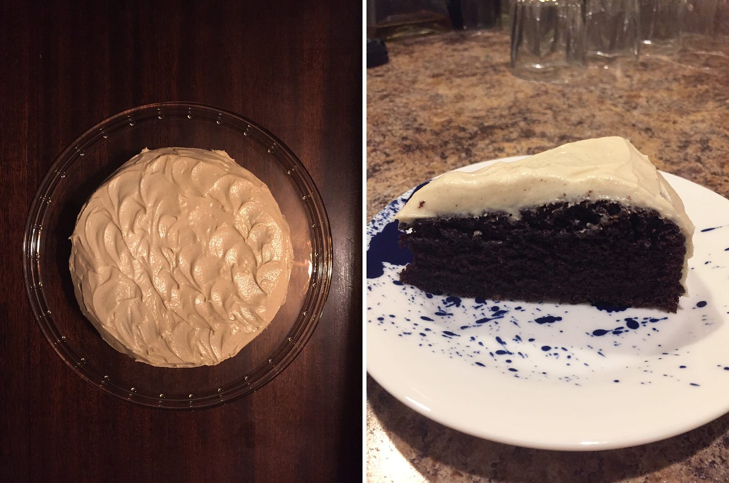 Left image: from above, a round cake on a clear glass cake plate on top of a wooden surface. The cake has cream-coloured icing in small decorative waves. Right image: a slice of cake on a blue and white plate. The interior is chocolate.