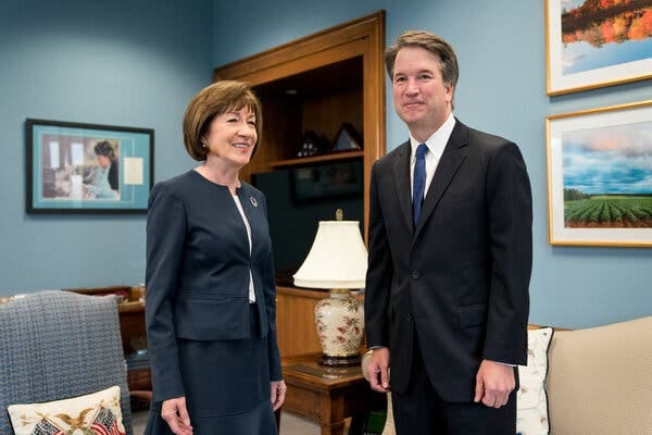 Senator Susan Collins meeting with Brett M. Kavanaugh in August 2018, when he worked to reassure her that he was no threat to Roe v. Wade, according to notes of the meeting.
