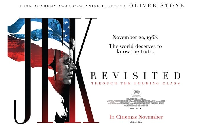 This image shows the one-sheet poster for Oliver Stone's 2021 documentary JFK Revisited: Through the Looking Glass. This image shows the one-sheet poster for Oliver Stone's 2021 documentary JFK Revisited: Through the Looking Glass.