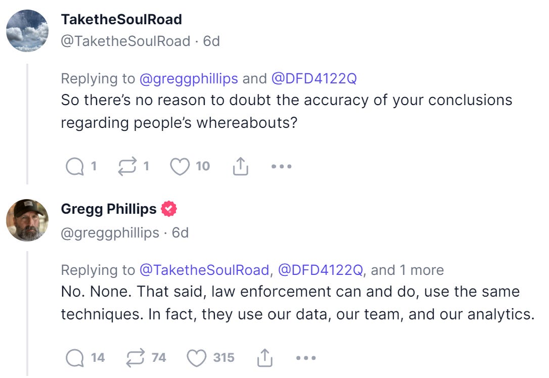 TaketheSoulRoad 
@TaketheSoulRoad • 6d 
Replying to @greggphillips and @DFD4122Q 
So there's no reason to doubt the accuracy of your conclusions 
regarding people's whereabouts? 
QI 010 L 
Gregg Phillips 
@greggphillips 6d 
Replying to @TaketheSOLIlRoad, @DFD4122Q and 1 more 
No. None. That said, law enforcement can and do, use the same 
techniques. In fact, they use our data, our team, and our analytics. 
Q 14 0315 L 