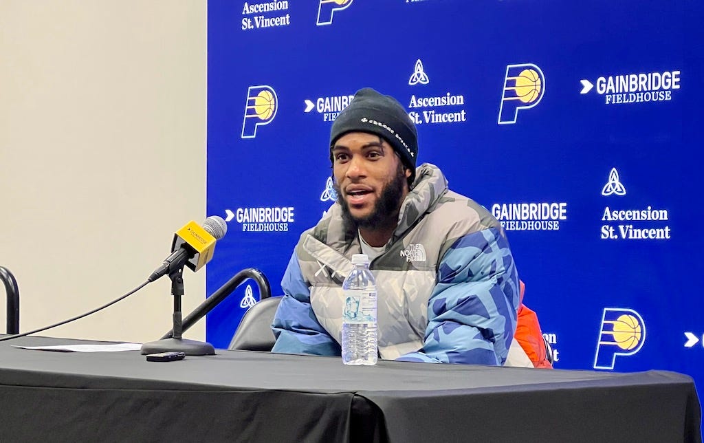Pacers wing Oshae Brissett talks with reporters after a win over the Toronto Raptors.