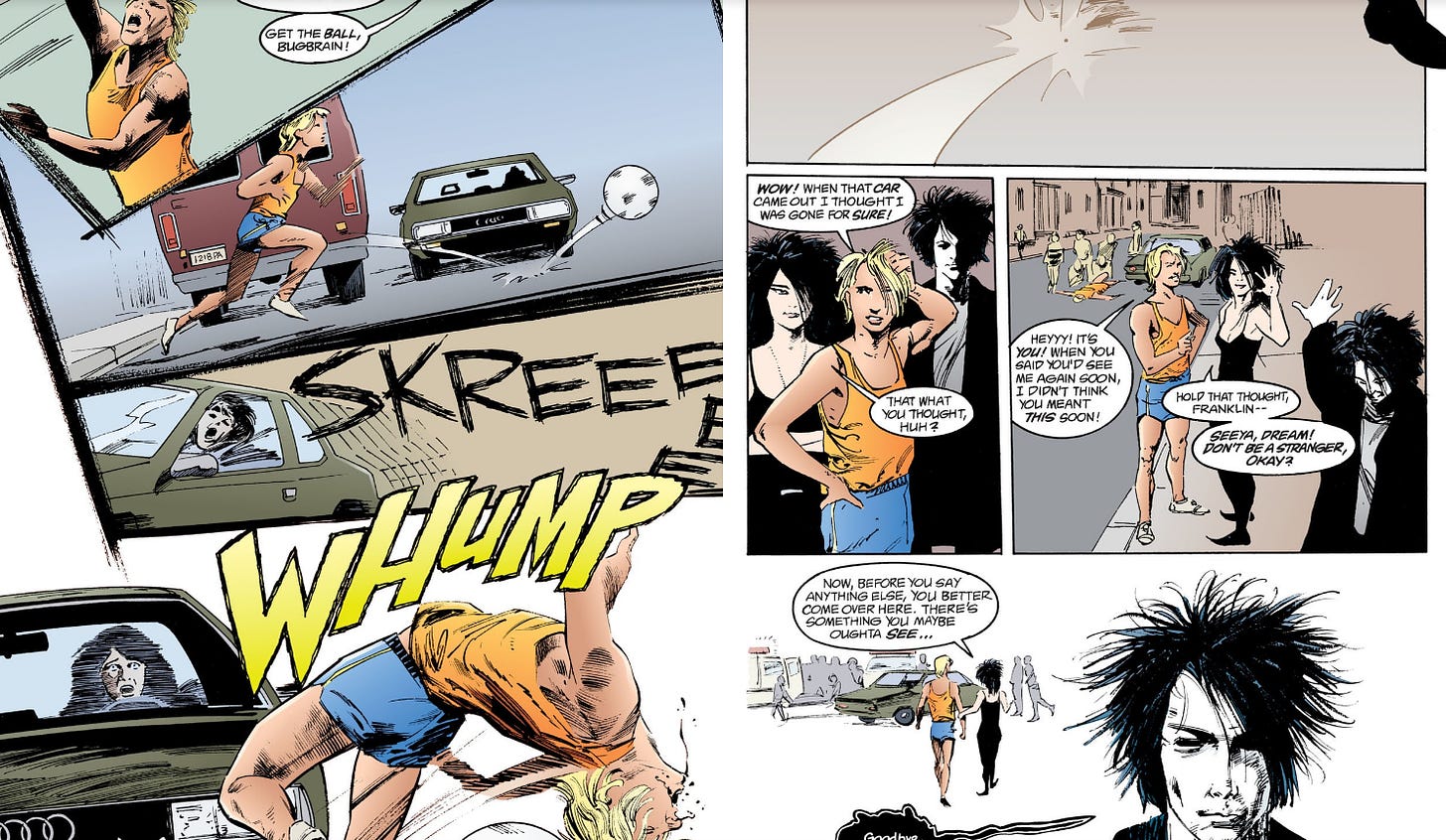 two panels of a digital comic edition of sandman, showing a teenage boy in an orange shirt getting struck by a car, against a white background