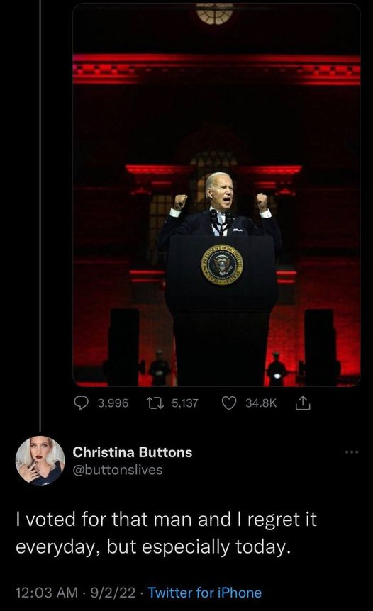 May be an image of 2 people and text that says 'Christina Buttons @buttonslives I voted for that man and regret it everyday, but especially today. Twitter for iPhone'