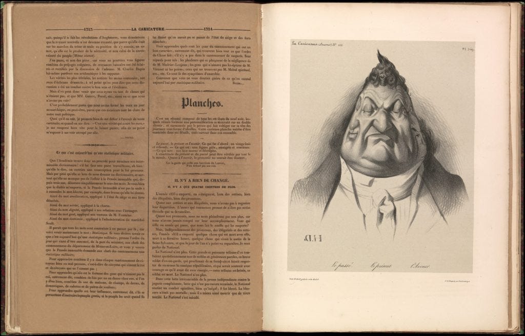 A book with a page full of words on the left and an illustration on the right showing a portly gentleman with three faces representating past, present, and future.