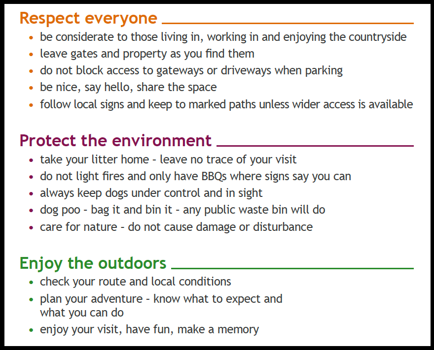 Extract from National England's Countryside code which outlines the principles of Respect everyone, Protect the environment, Enjoy the outdoors