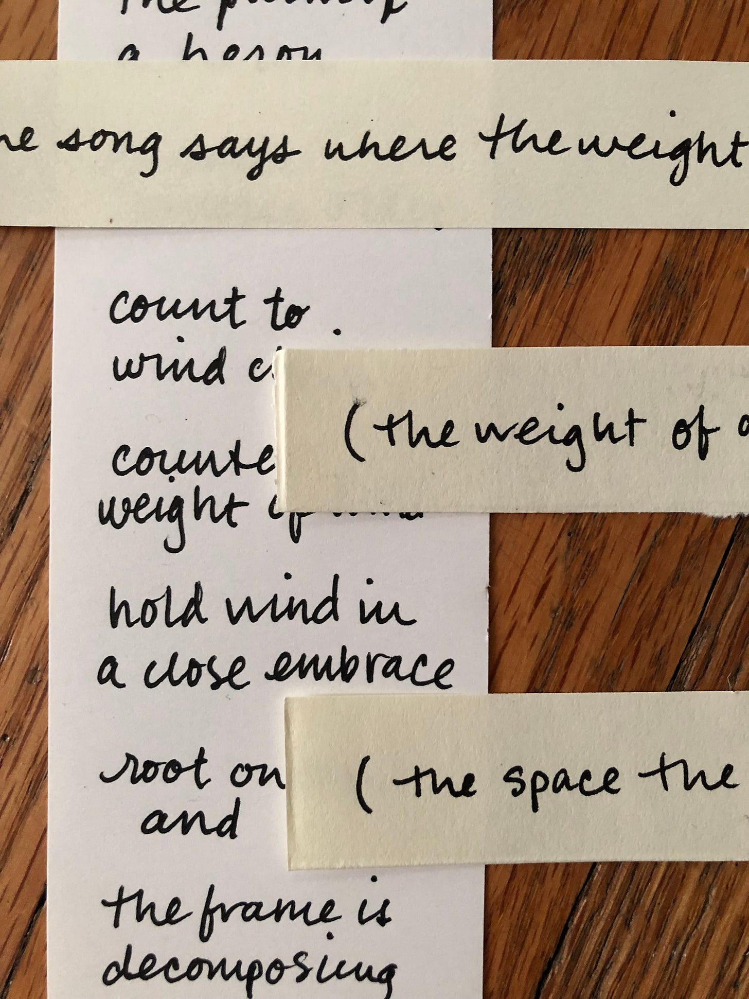 overlapping pieces of paper with handwritten text on a wood background