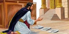 With letters from the king of Assyria spread out in front of Jehovah’s altar, King Hezekiah prays | My Book of Bible Stories | Tags: Jehovah's Witnesses, The Watchtower Bible and Tract Society