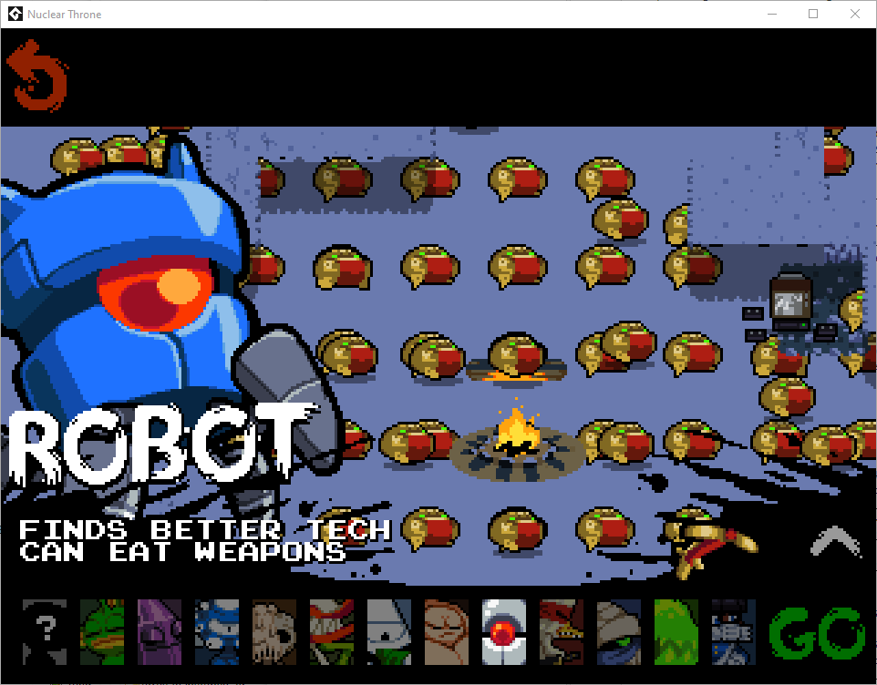 A GIF of Nuclear Throne's character select screen revealing that just about everything got replaced with Frog sprites
