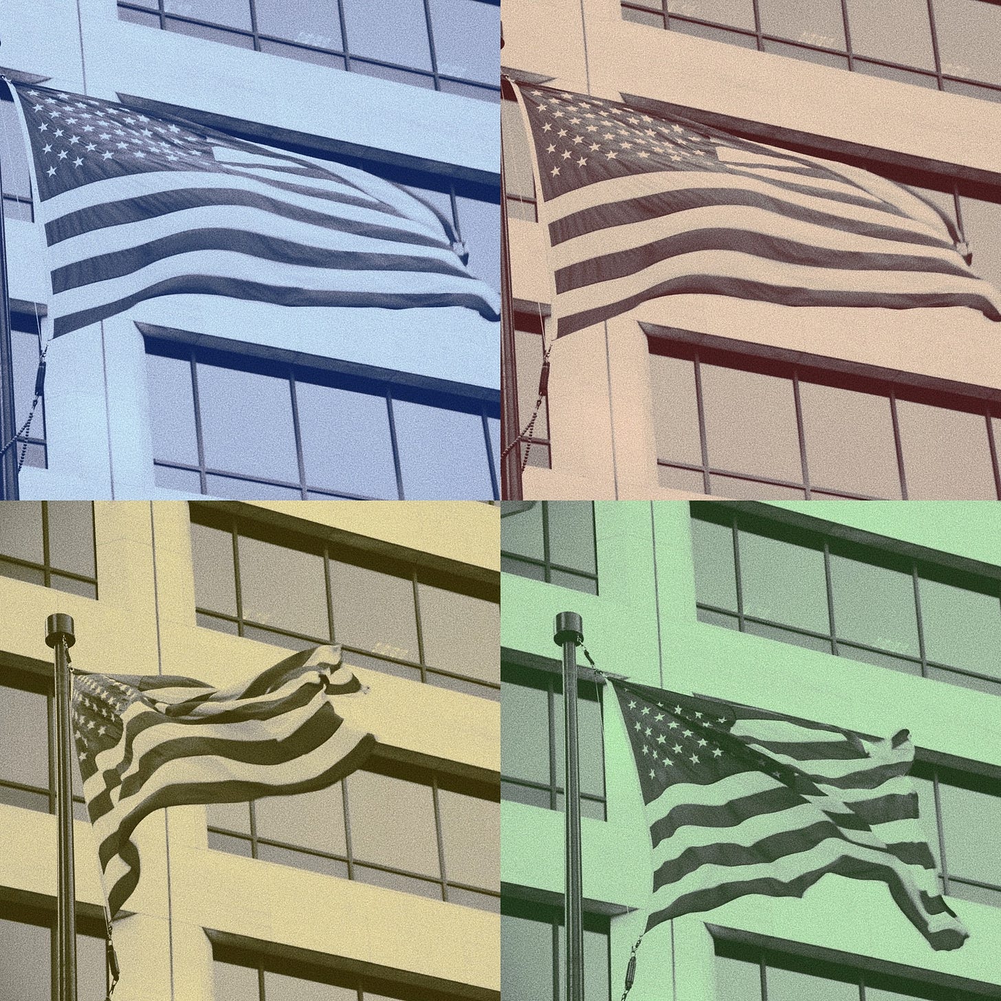 a 4 pic collage of the us flag flying in front of a corporate building downtown minneapolis