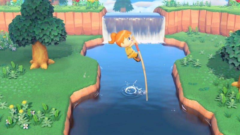 Villager pole vaulting over a river.