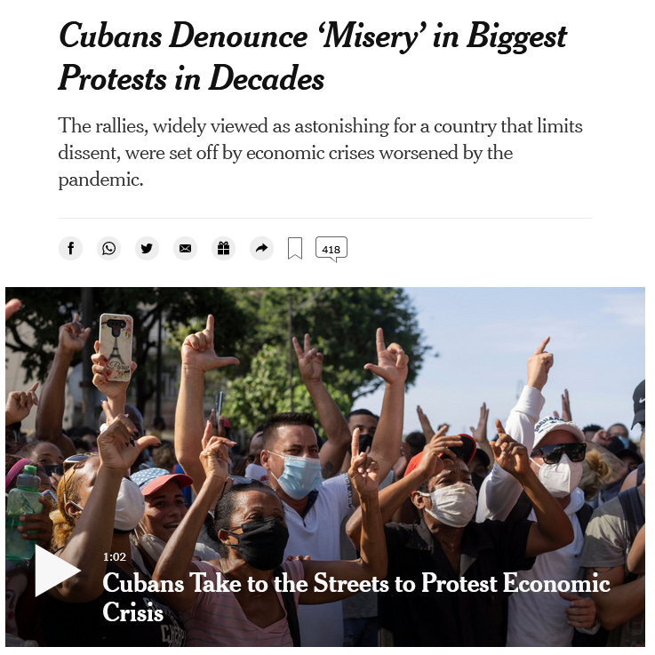 NYT: Cubans Denounce ‘Misery’ in Biggest Protests in Decades